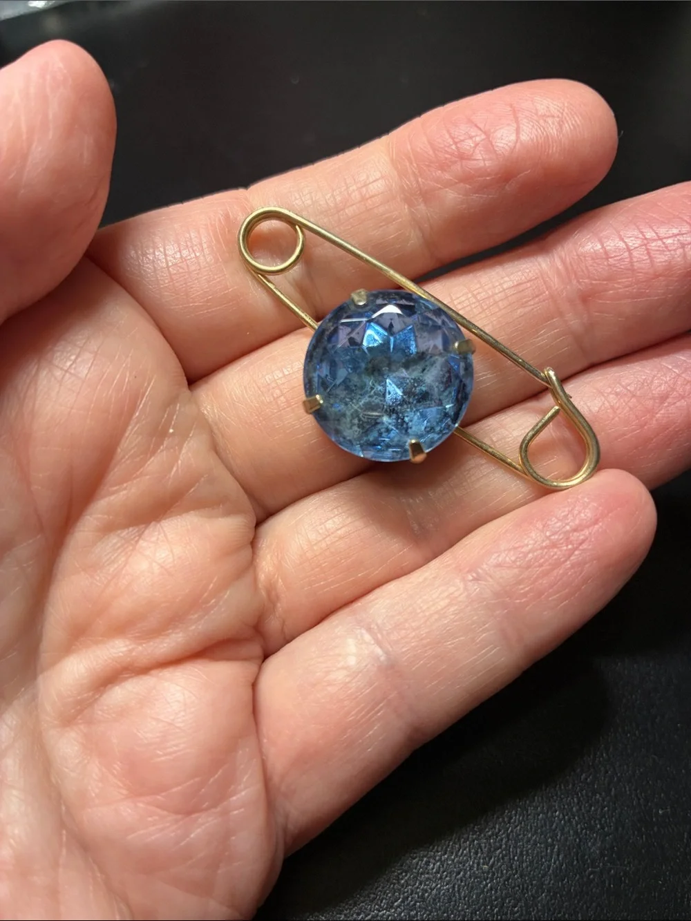 Vintage Blue Glass Stone safety Pin Brooch